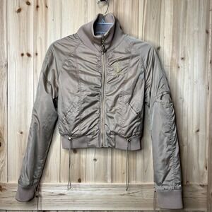 Baby Phat Crop‎ Bomber Jacket Taupe Gold Cat Logo Satin Utility Puffer Y2K Zip